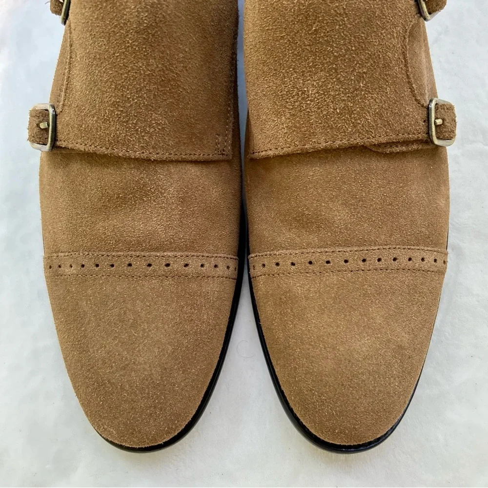 Banana Republic Double Monk Strap Tan Mens Size 8 Shoes Suede Oxfords Flats EUC